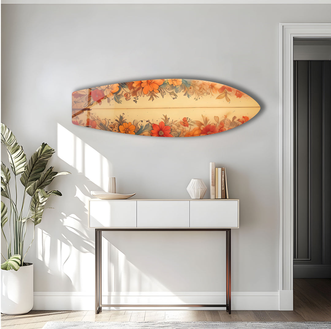 Beige tropische Blumen Surfbrett Wandkunst