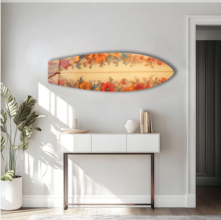 Beige tropische Blumen Surfbrett Wandkunst