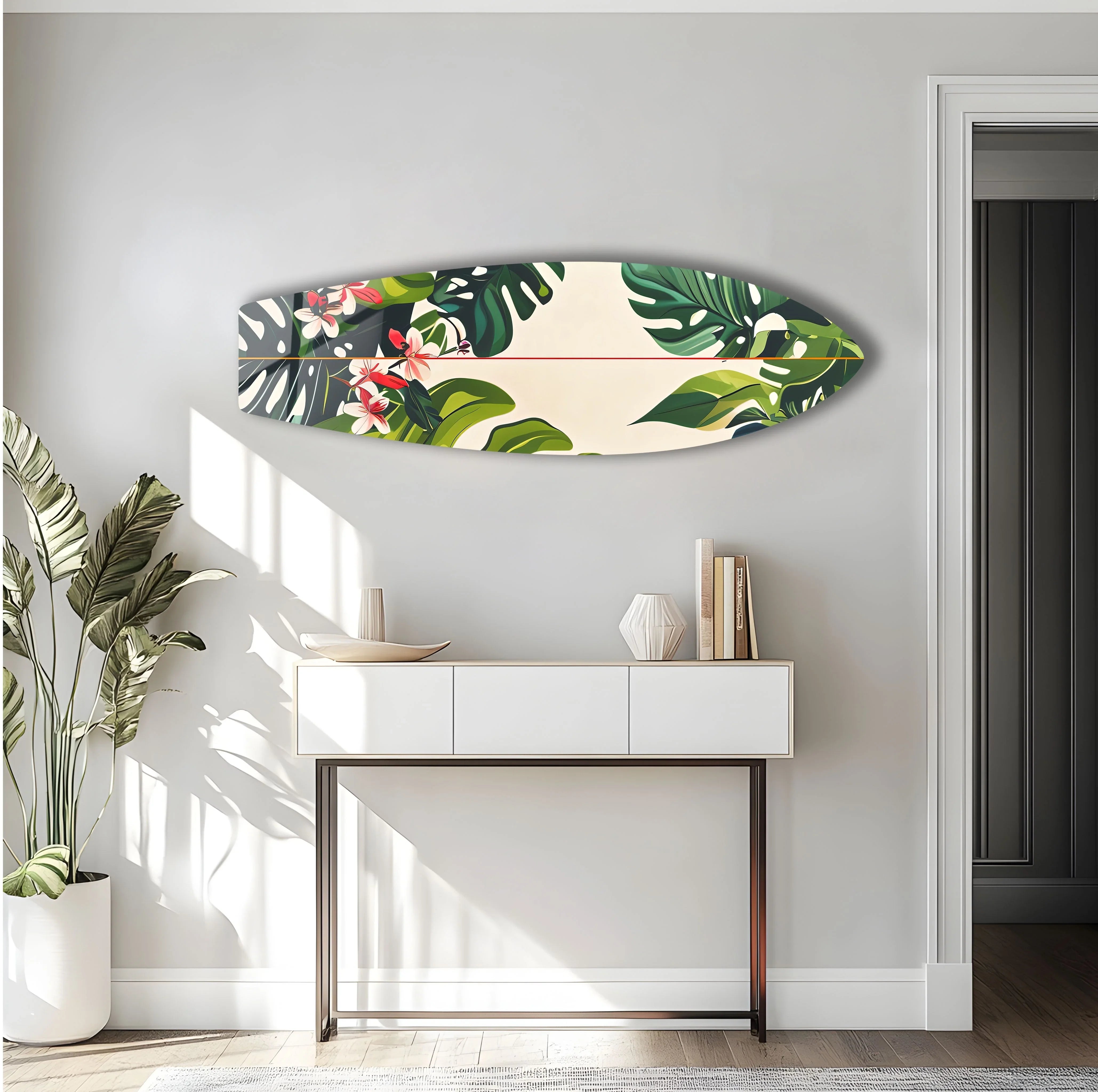 Green Palm Leaf Surfboard – Tropical Glass Wall Art – MyPhotoStation