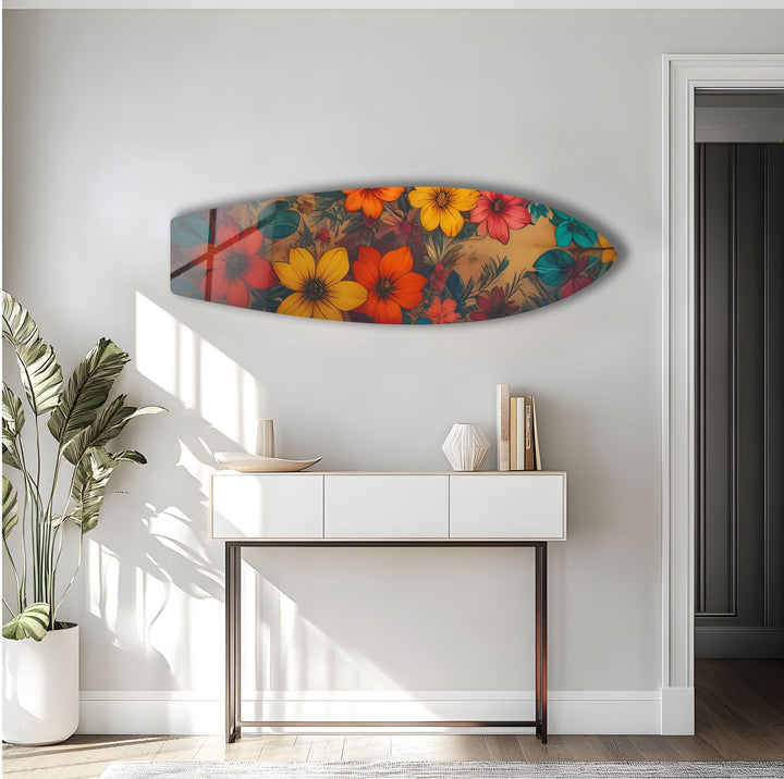Gelb-rote Vintage-Blumen-Surfbrett-Wandkunst