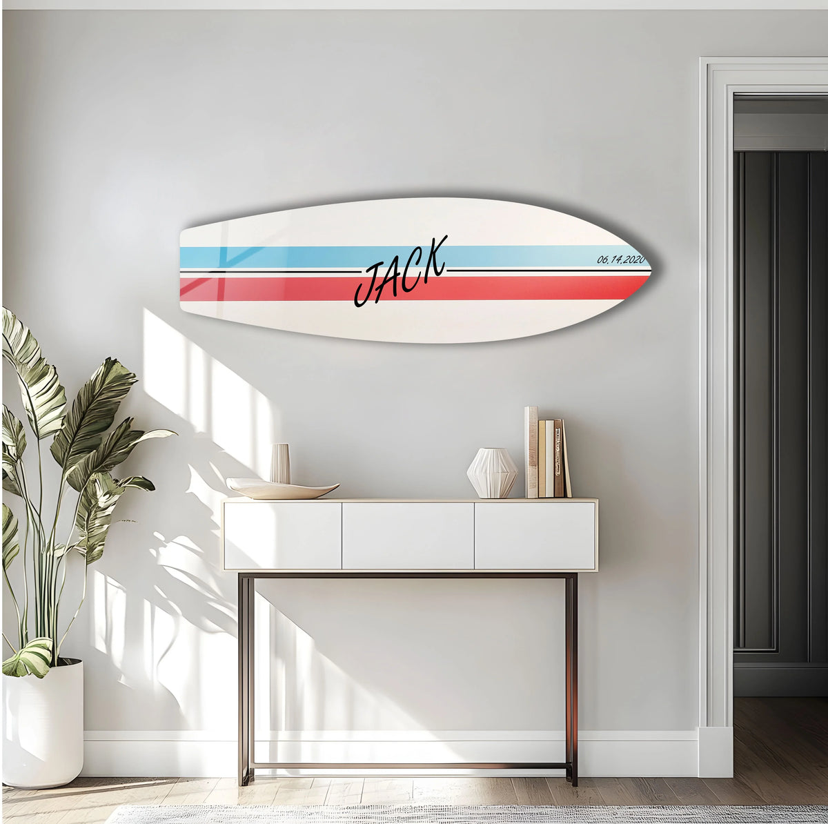 Rectangular personalized surfboard wall art features sleek geometric lines in red and azure tones, offering a unique composition for customized glass pictures prints.