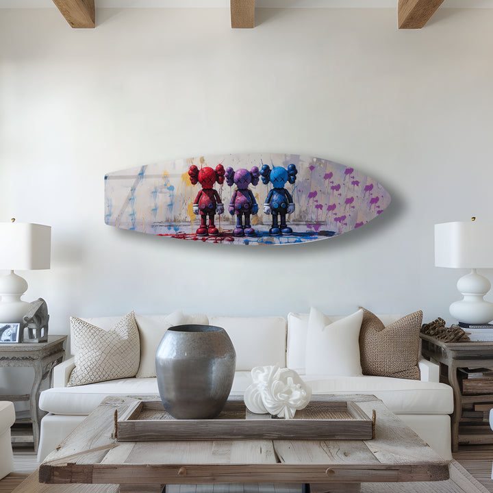 Abstrakte Surfbrett-Wandkunst – Farbenfrohe moderne Kunst auf einem Surfbrett