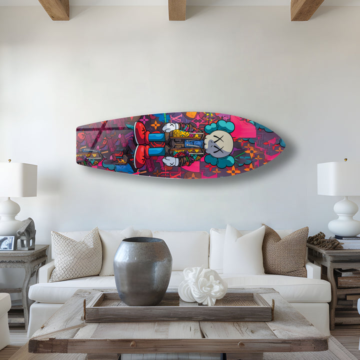 Von Kaws inspirierte Surfbrett-Wandkunst – Farbenfrohes Graffiti- und Figurendesign