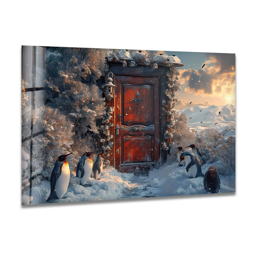 Red and white tones dominate this snowy door with penguins glass wall art print, offering a unique modern wall decor accent for a winter scene.