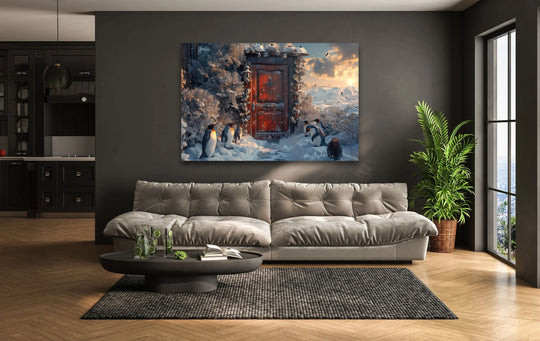 Illuminated by the sunset, the vibrant area showcases a whimsical snowy door scene with penguins rendered as tempered glass wall art, bringing a cozy winter landscape indoors.