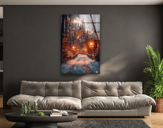 Printed art from glass creates a reflective finish that enhances the winter castle path with lantern lights, adding depth to this magical wall art.
