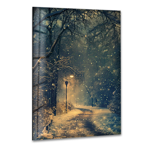 High color contrast highlights the lantern light along a snowy forest path in this wintry best glass art print.