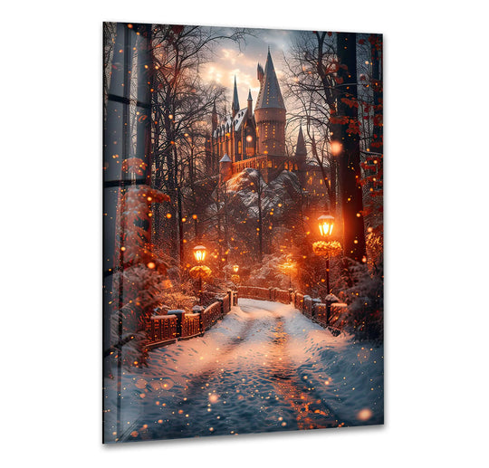 Snowy bridge illuminated by glowing lanterns creates a captivating foreground in this winter castle path wall prints glass art, perfect as a magical decor piece.