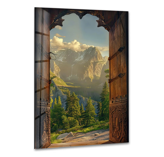 Vivid color saturation enhances the breathtaking open door mountain landscape view in this glass art painting, adding depth and richness to its scenic decor.