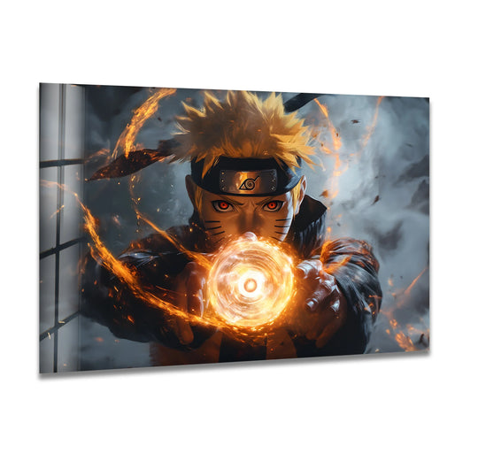 Showcasing the layering effect, this fiery ninja glass print wall art uses blazing energy and smoke to create depth with a modern anime design.