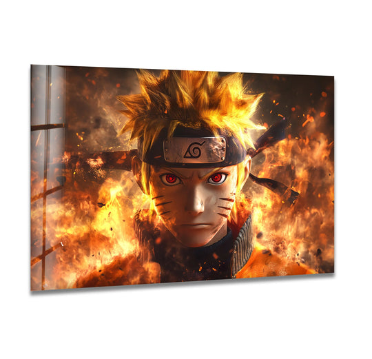Tempered glass edge showcases the Blazing Spirit – Fiery Hero art, a piece of decorative wall art with clean borders for a modern, frameless finish.