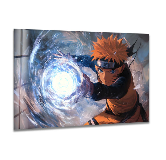 Negative space surrounds the concentrated energy vortex in this dynamic ninja glass art painting, highlighting the power of the swirling azure rasengan.