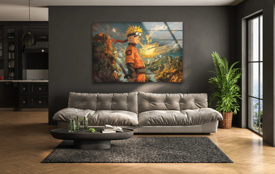 Layering effect emphasizes depth in this golden horizon anime glass wall artwork, showcasing a vibrant heroic journey with foreground figure and distant cityscape.