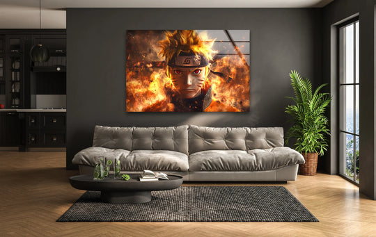 Horizontal rectangular decorative wall art features a blazing spirit, a fiery anime hero vividly displayed on glass.