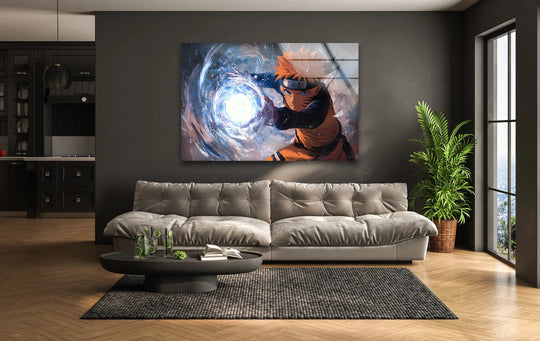Rectangular ninja glass wall art showcases a striking energy vortex design, blending spiraling forms with the character's dynamic pose in a decorative wall art display.