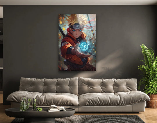 Vertical rectangular glass wall art prints showcase a heroic ninja figure channeling energy, perfect for adding a unique statement to your space.