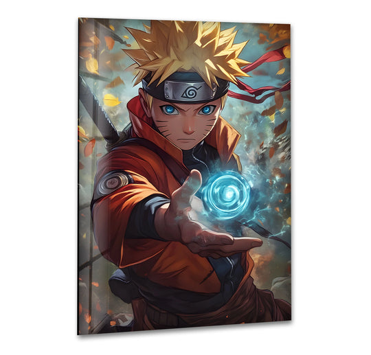 High color saturation brings the heroic ninja's electric blue energy and vibrant orange attire to life in this dynamic anime glass printing wall art.