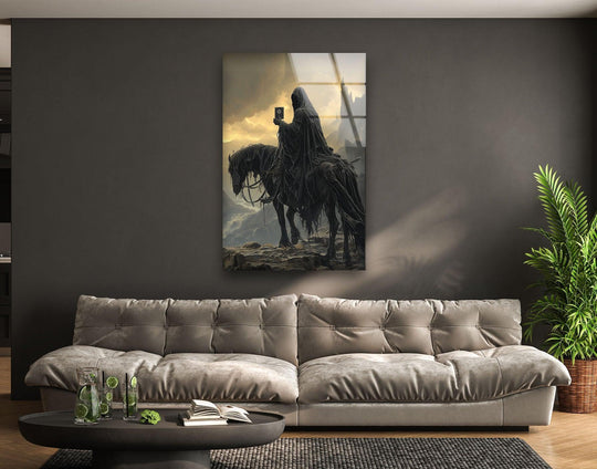 Reflecting light, the surface texture of this dark rider with mystic book fantasy glass art highlights the smooth tempered glass art.