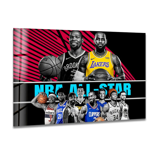 The horizontal NBA All Star Players glass wall art features basketball legends and a glossy finish and is ideal sports wall decor and basketball art