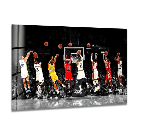 NBA All Stars glass wall art shows a black and white sports scene and basketball legends and is ideal as basketball wall art or iconic sports decor for your home or office