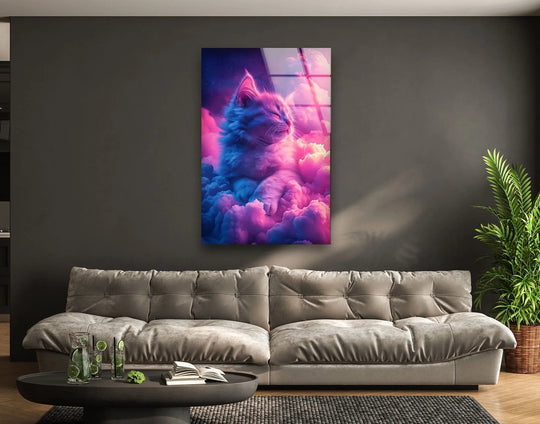 A majestic neon-toned cat art glass wall art transitions from deep starry blues to vibrant pinks and soft white clouds.