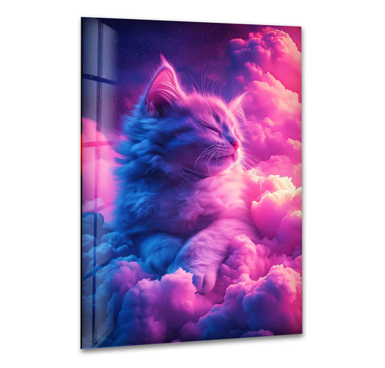 A fluffy, neon-toned cat rests peacefully amidst swirling pink and blue clouds, a stunning addition to your print wall art collection.