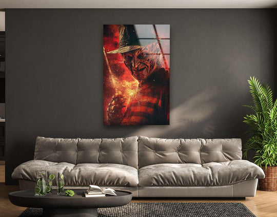 Fiery reds seamlessly transition to shadowed blacks in this cinematic dark fire claw figure, a striking example of wall art prints on glass.