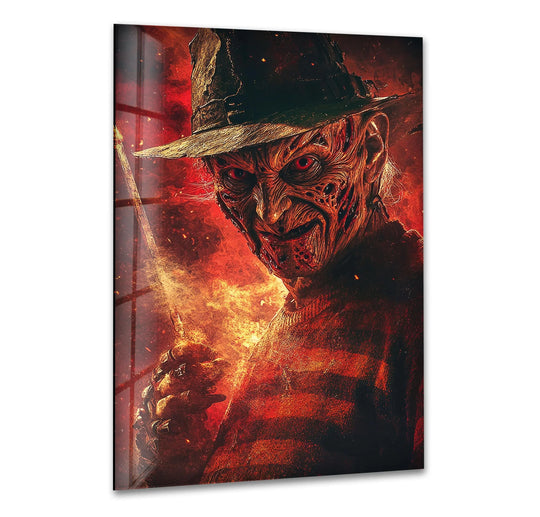 The darkest area of the Dark Fire Claw Figure glass hanging wall art reveals a shadowy nightmare figure emerging amidst fiery embers and menacing claws.