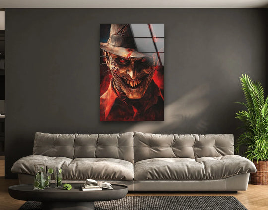 Sinister shadow smile portrait is a dramatic piece of the best glass art, featuring glowing eyes, a dark grimace, and red tones for modern decor.