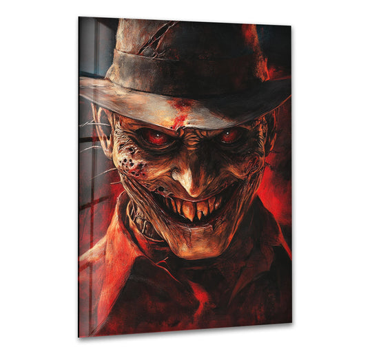 The shadowy transition between reds and blacks creates a sinister depth in this sinister shadow smile portrait glass wall art, perfect for home decoration.