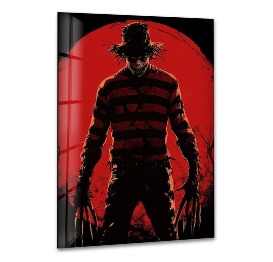 Vibrant color saturation highlights the ominous dark clawed shadow figure as decorative wall art, showcased against a striking red backdrop in this horror-themed glass wall art.