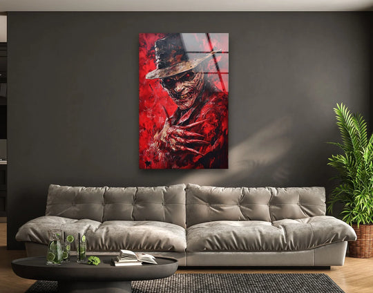 The darkest area enhances the dramatic effect of this 'Red Nightmare Claw Portrait' with striking glass wall art decor, depicting a menacing figure in bold red tones.