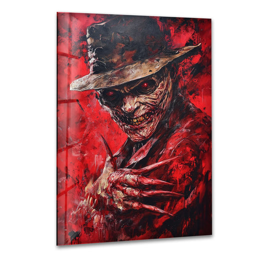 Tempered glass art shows sharp geometric patterns in this nightmare claw portrait, adding dramatic shapes and a striking touch of horror home decor.