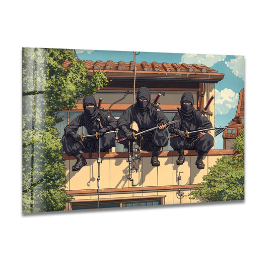 Capturing the realistic detail, this ninjas glass art painting displays stealthy figures on a building ledge, showcasing vibrant colors and intricate designs on tempered glass.