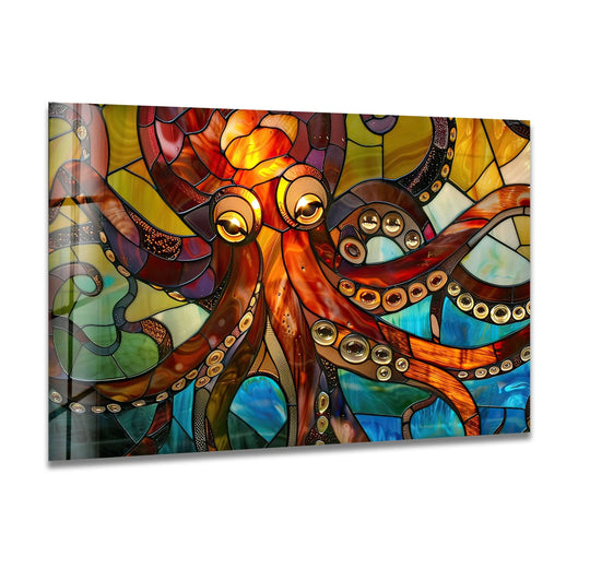 Vibrant stained glass octopus print wall art with bold colors and intricate details creating a visually striking focal point.