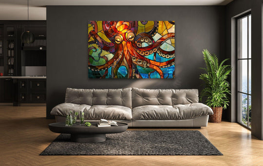 A vibrant stained octopus glass wall art decor sets a dramatic and captivating mood within a modern living space.