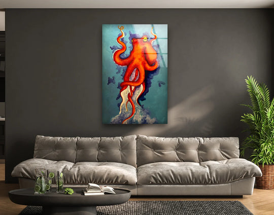 A vibrant oil painting art piece captures an octopus's fluid movement through deep blue waters.