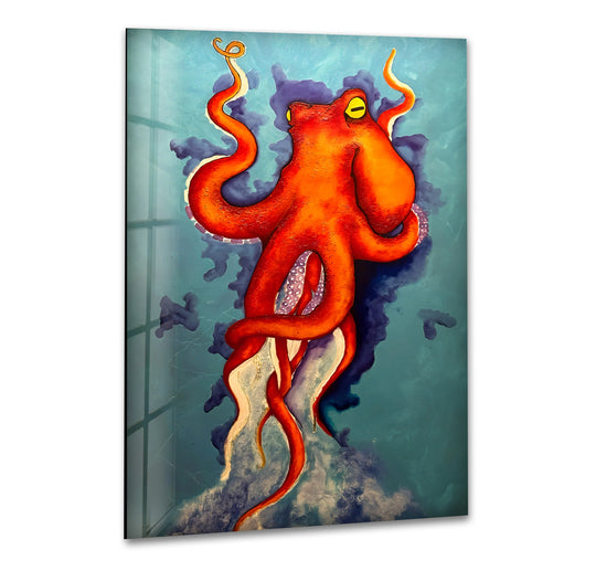 A vibrant oil painting art prints style cartoon octopus dances with swirling tentacles against a blue background, creating a captivating visual rhythm.