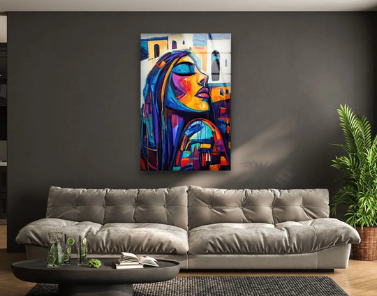 Vibrant splashes of yellow and orange on this oil painting decoration capture the brightest area of the abstract woman's face.
