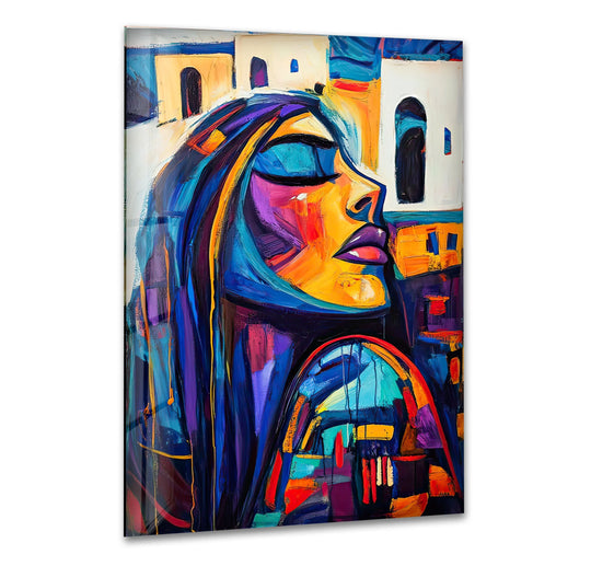Vibrant oil painting artwork features a woman in cool-toned blues and purples, set against a backdrop of warm yellow and orange architectural elements.