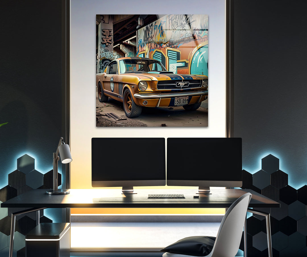 Old Mustang Ford Car Glass Wall Art print picture on glass, Tempered Glass Wall Art
