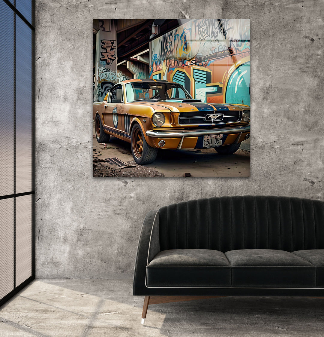 Old Mustang Ford Car Glass Wall Art picture on glass wall art, photos printed on glass
