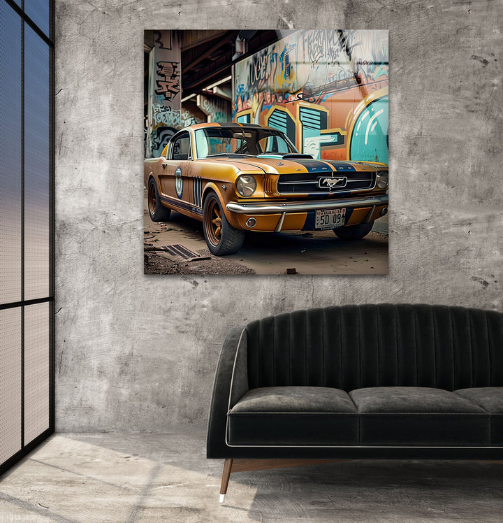Old Mustang Ford Car Glass Wall Art picture on glass wall art, photos printed on glass
