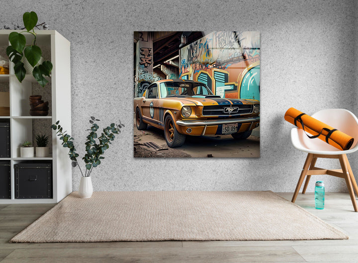 Old Mustang Ford Car Glass Wall Art print on glass, glass printed photos
