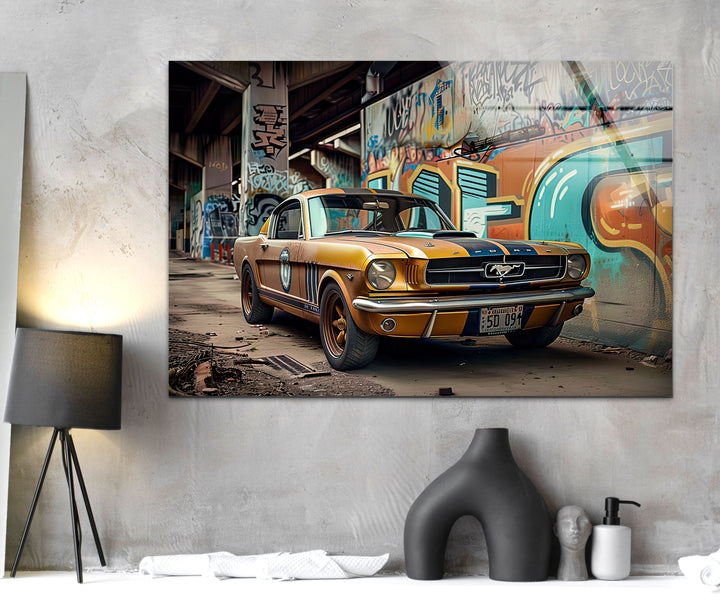 Old Mustang Ford Car Glass Wall Art glass art painting, glass art for the Wall
