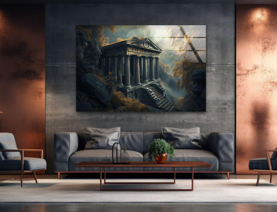 Reflecting light with intriguing surface texture, the Olympus Temple glass wall prints showcase a captivating contrast of smooth glass and detailed architectural imagery.