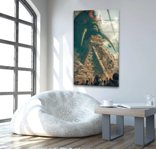 Highlighting the darkest area, this ancient pyramid monster's visage towers in a striking fantasy scene, offering some of the best glass art for bold interiors.