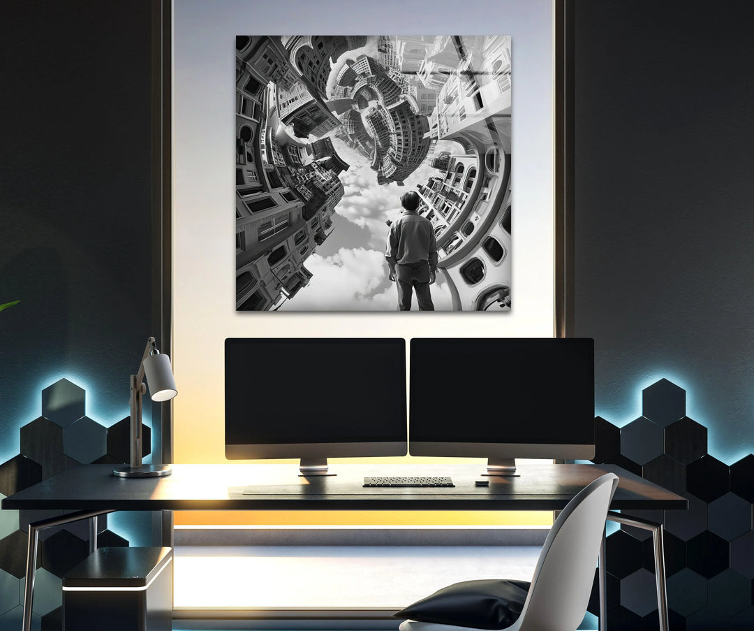 Surreal warped urban landscape with twisting buildings and dramatic perspective.