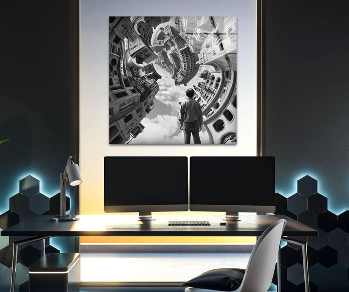 Surreal warped urban landscape with twisting buildings and dramatic perspective.