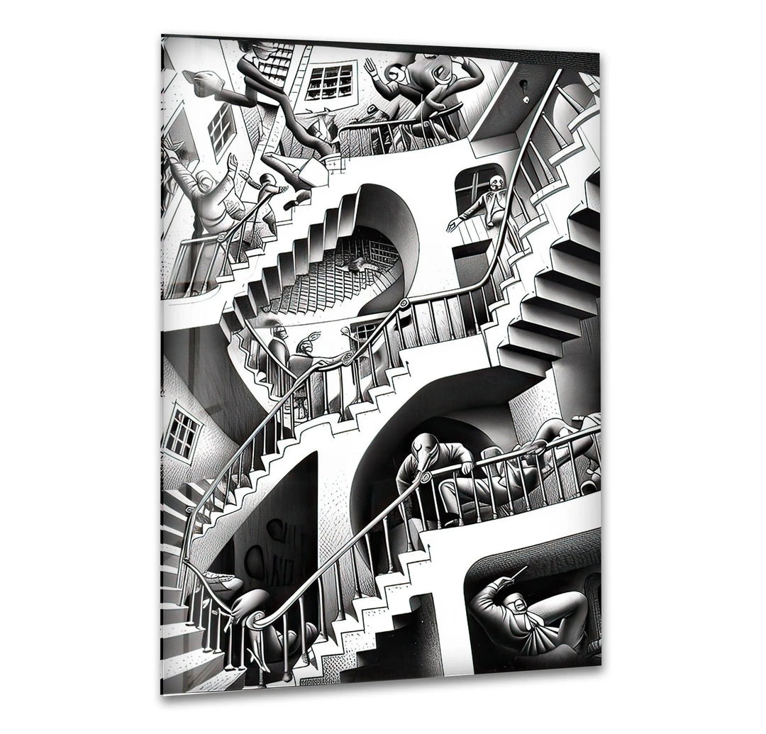 Black and white surreal maze of stairs creating an Escher-style illusion.